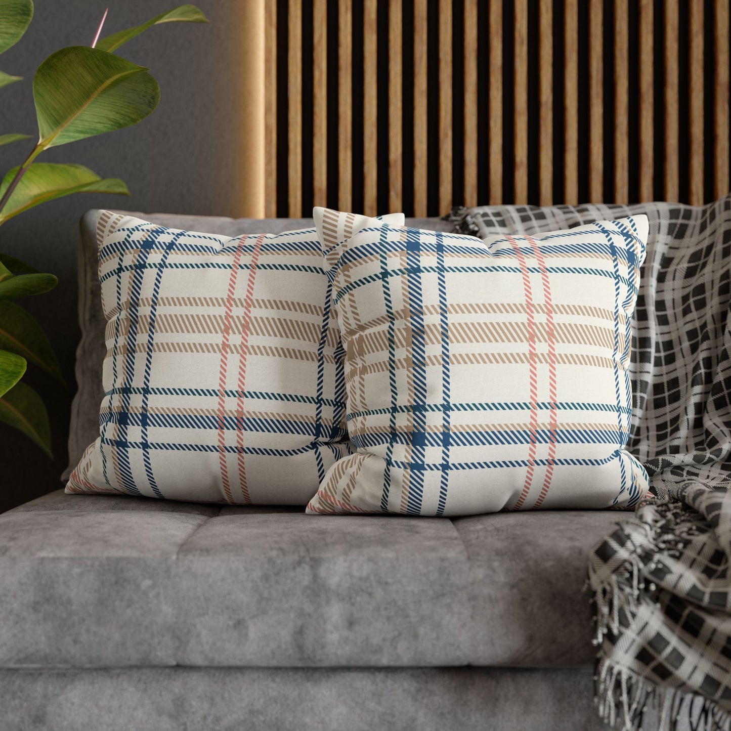 Beige, Blue, Peach Plaid Pillowcase
