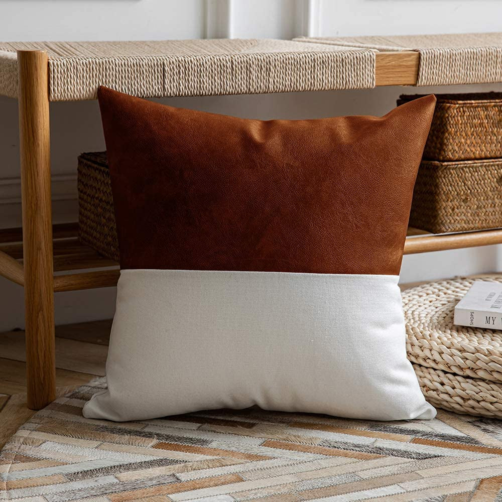 Faux Leather/Cotton Throw Pillow Covers Set of 2, 18X18 Inch