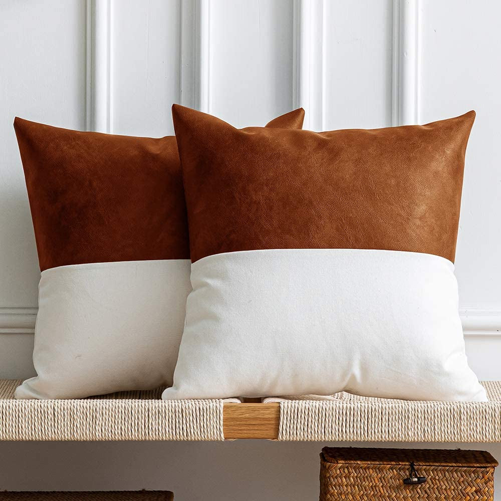 Faux Leather/Cotton Throw Pillow Covers Set of 2, 18X18 Inch