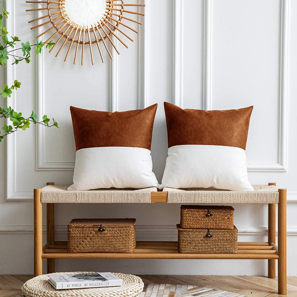 Faux Leather/Cotton Throw Pillow Covers Set of 2, 18X18 Inch
