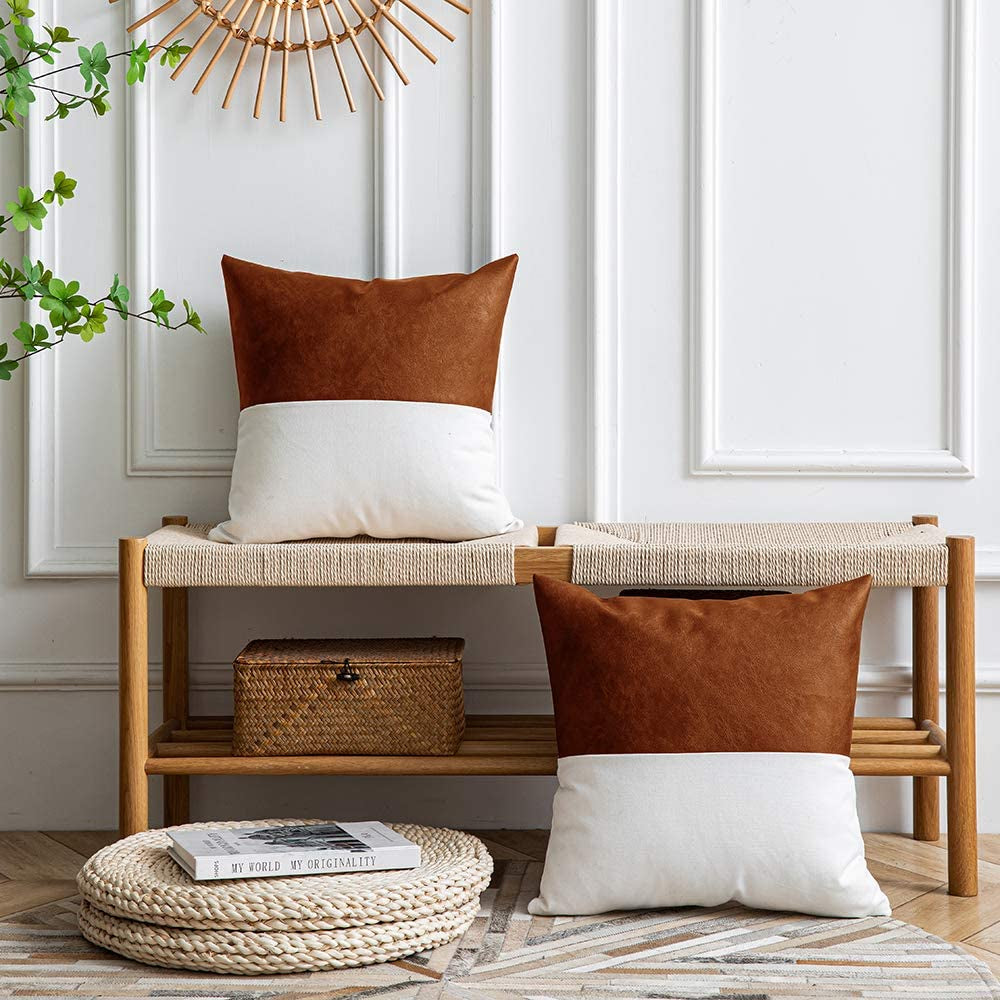Faux Leather/Cotton Throw Pillow Covers Set of 2, 18X18 Inch